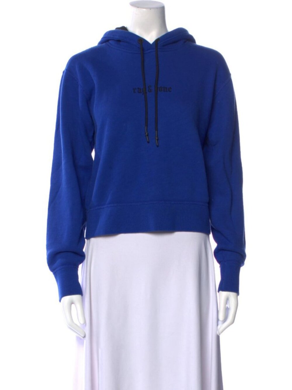 rag & bone Cobalt Blue Cropped Hoodie Embroidered Gothic Logo Sweatshirt Size XS
